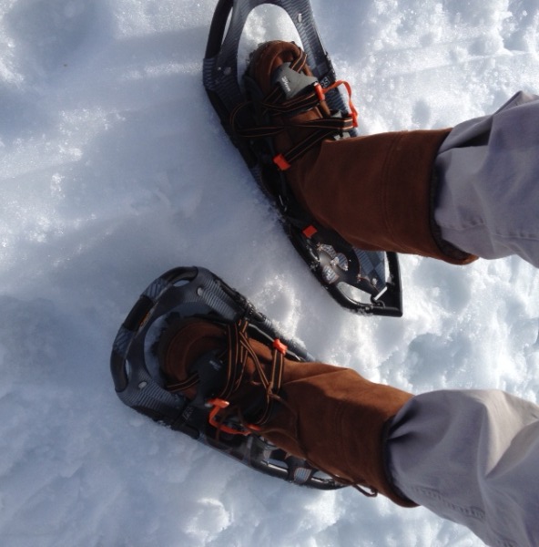 Snowshoeing in Manitobah mukluks.  (Photo by Frank Meek.)