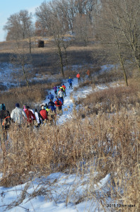 The winding single track leading into woods around a counter-clockwise bowtie course