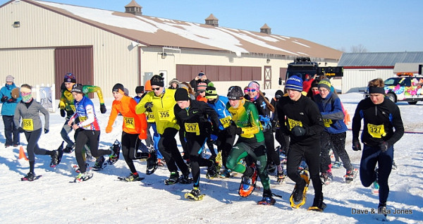 Just after the combined start, (L) Tessa Otto (358) races next to Jeanette Cudney (333), Wesley Kelly (342), Andrew Tyson (348), Kyle Lochner (356), Paul Schmitt (357), Garrett Williams (349), Tyler Dezago (334), Tim Buerger (329) and Paul Buerger (327) on the near corner.