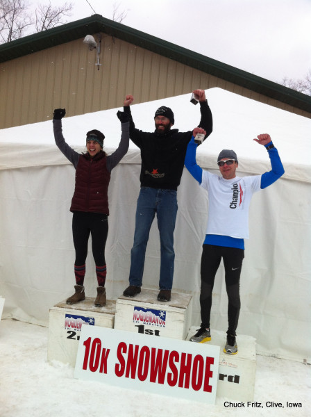 Top Finishers in the 10 Km raced on Sunday: (L-R) Michelle McCarthy (1st woman, 2nd overall), Andrew Grosvenor (overall champion), Neal Collick (3rd overall, 2nd male)