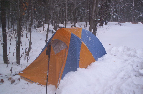 The author’s Sierra Design Omega convertible tent set for winter camping.
