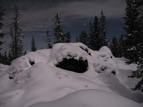 snowshoeing at night- snow and night sky