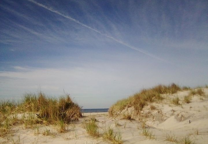 view of sand dunes under open blue sky and wisps of clouds