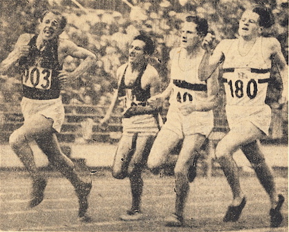 Zátopek (L) surges forward in the last turn of the 1952 Olympic 10000 meter race, outlasting Alain Mimoun Mimoun, Herbert Schade, and No. 180 Christopher Chataway, losing the lead and falling.