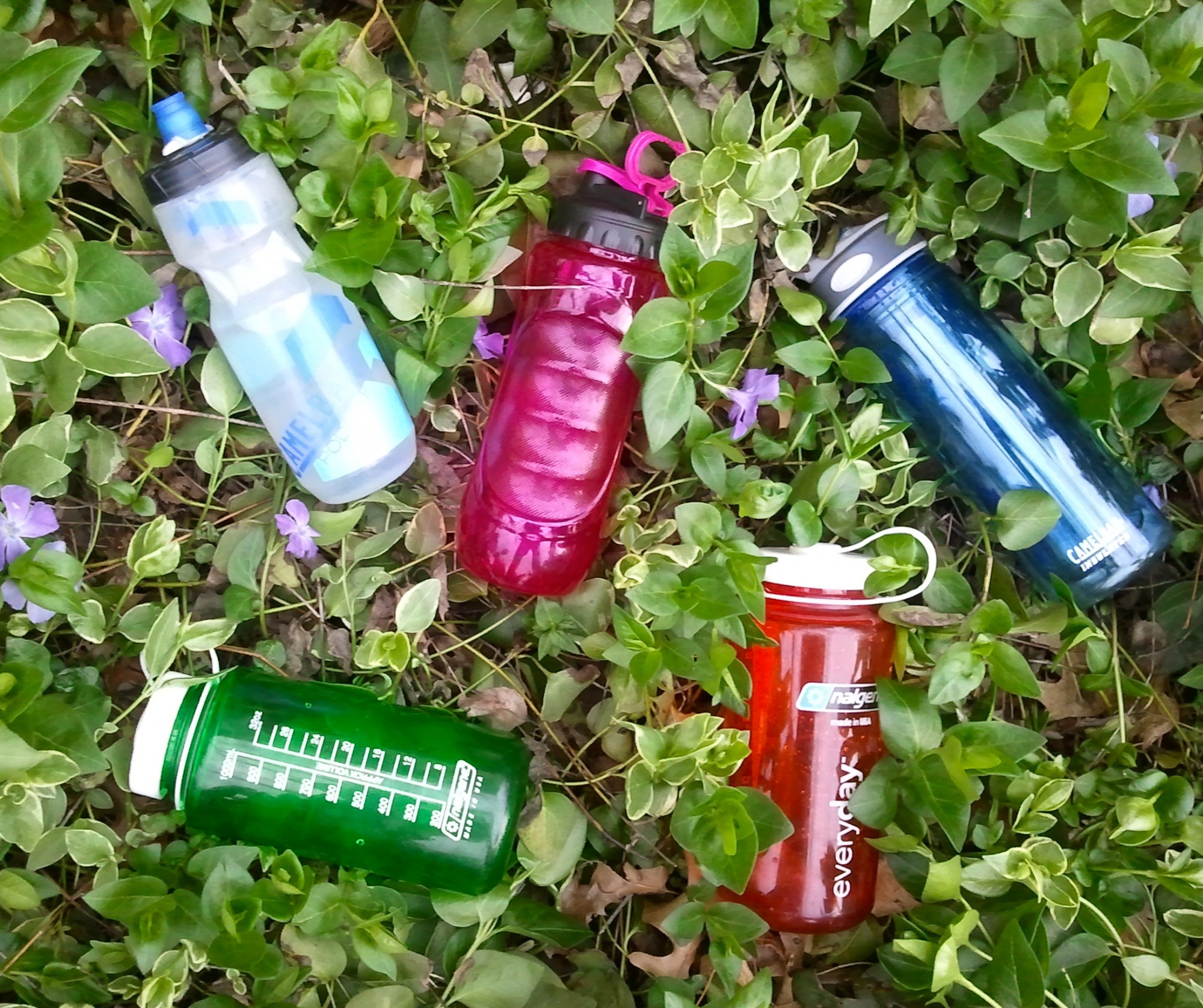 athlete habits: stay hydrated, water bottles on leaves