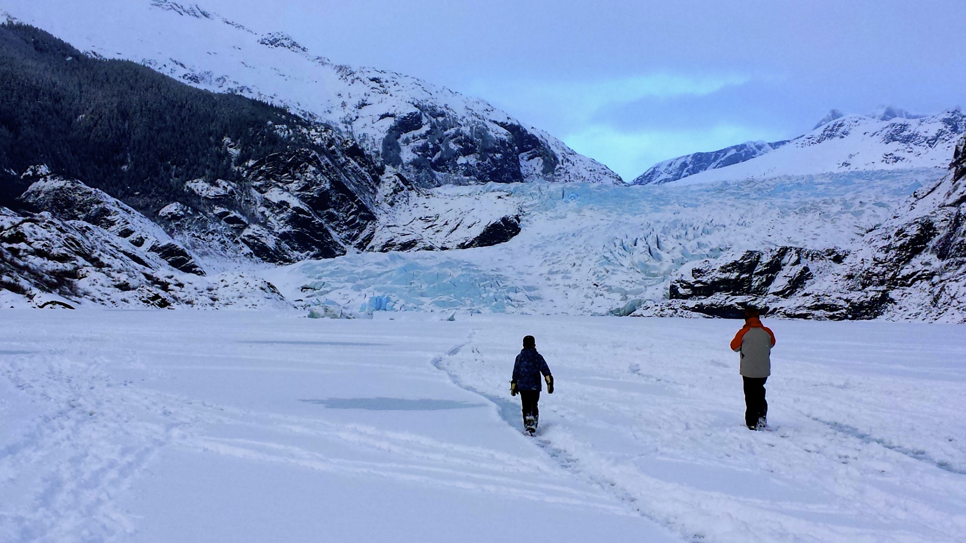 Mendenhall Glacier takes up the entire landscape near Juneau, Alaska.