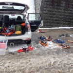 the less exciting part of being a snowshoe guide, clearing up the gear!