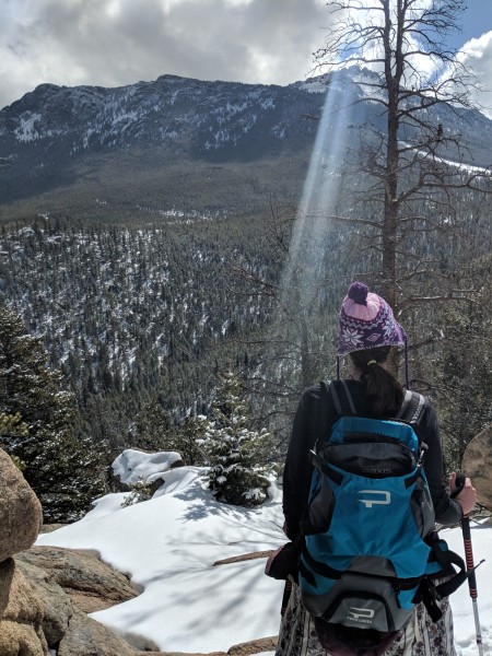 wearing Paxis pack on snowshoe outing