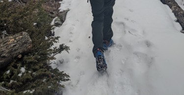 Yaktrax close up on snowy trail