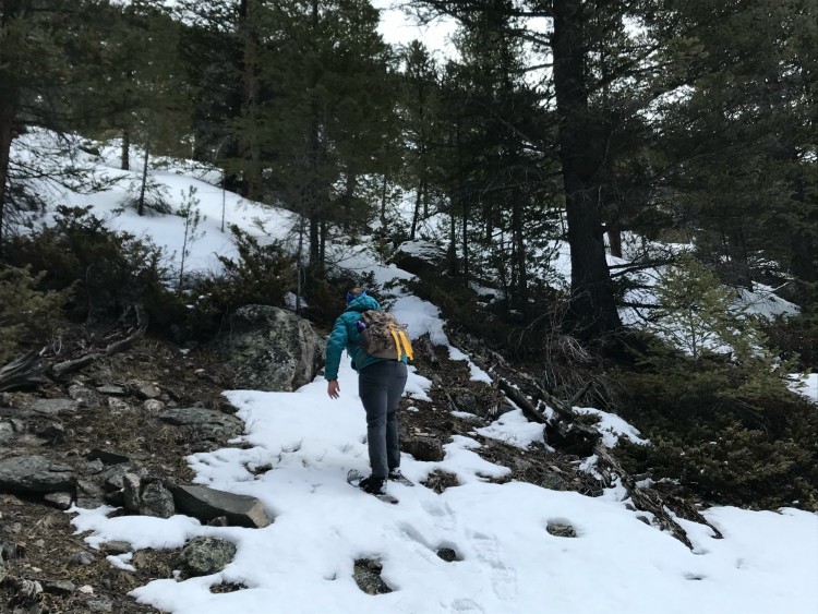 man walking up hill in wet snow with Atlas Apex MTN snowshoes