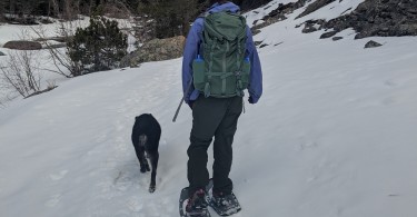 woman and dog snowshoeing with Lightning Ascents