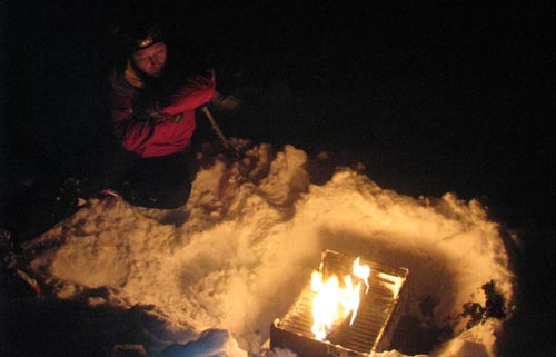 fire while snowshoeing at night