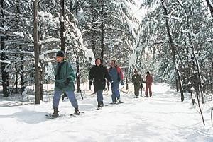 snowshoeing trails in Vermont: snowshoers on the Missisquoi Rail Trail