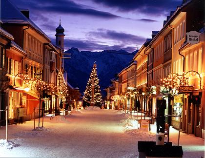 empty Christmas market under dark sky in Murnau, Germany