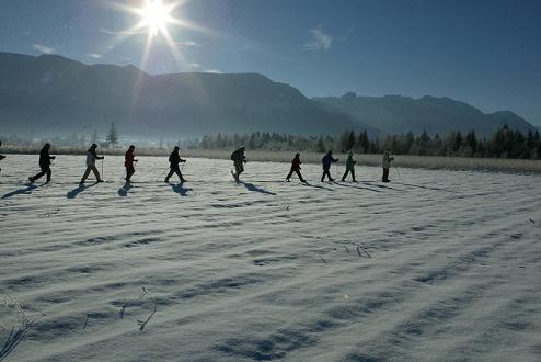 group snowshoeing in distance in Murnau, Germany