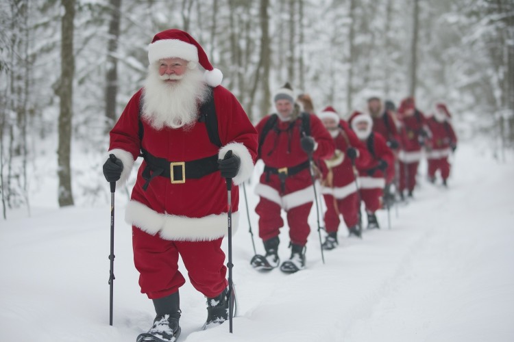 santas snowshoeing