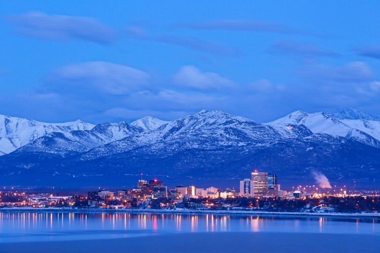 Anchorage skyline in winter withChugach mountains in background