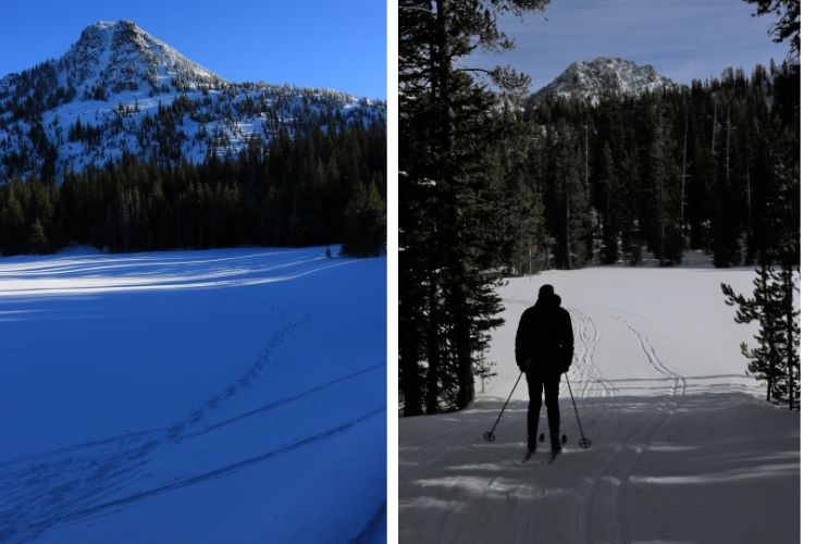 Anthony Lakes snowshoeing: side by side of Gunsight Mountain in winter and skier taking in view of the Elkhorn Mountains