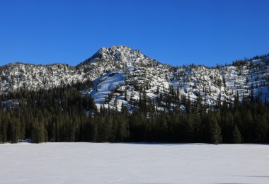 Anthony Lakes snowshoeing: Black Lake with Van Patten Peak in background