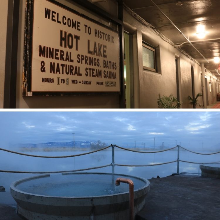 top and bottom photos: Hot Lakes bath historic sign and bath overlooking Hot Lake and Mt Emily