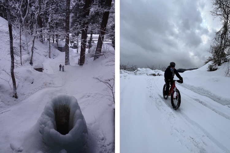 Aomori snow activities side by side: L view from the top of a waterfall in the snow R person on a fat bike cycling in the snow