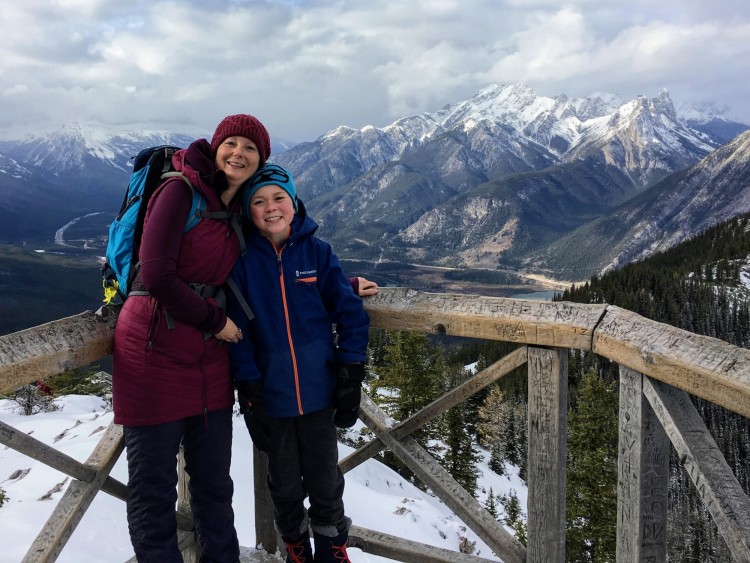 mom and son on Banff Gondola without the crowds