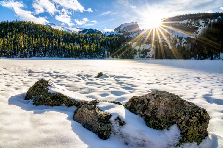 sun sets over Bear Lake in RMNP