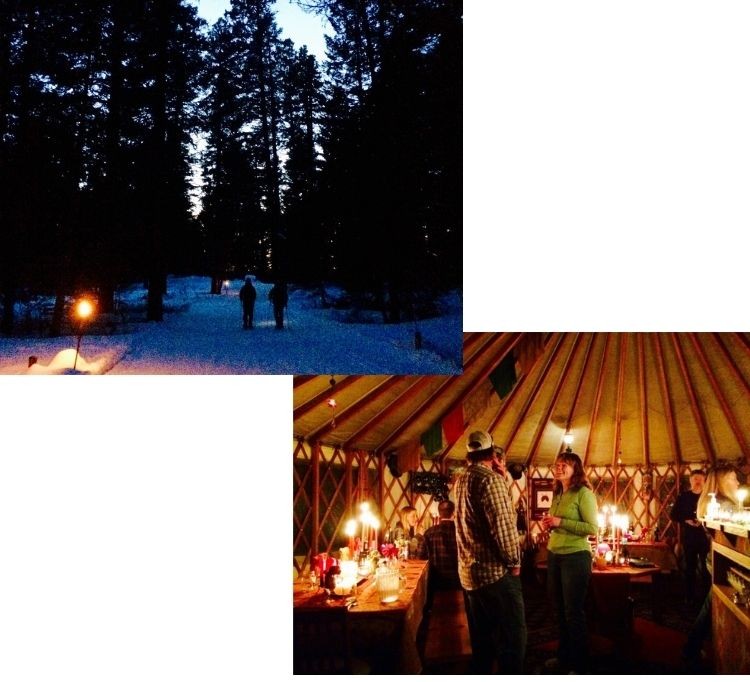 photo overlap: top sunset snowshoeing and bottom dinner in yurt