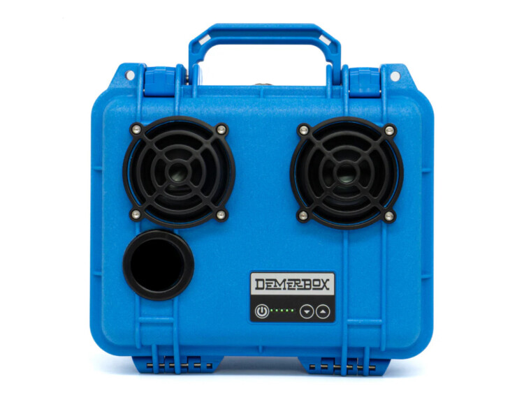 DemerBox rugged waterproof Bluetooth speaker with dry internal storage for outdoor use.