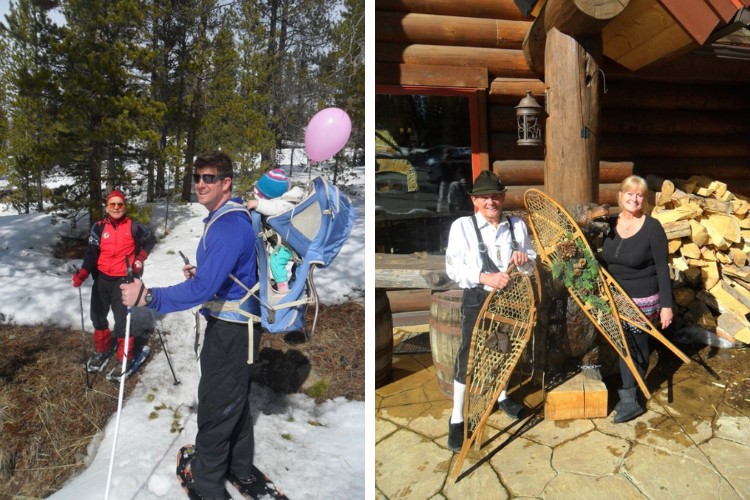 side by side: L: man on snowshoes with baby in carrier R: man and woman with wooden snowshoes in front of cabin