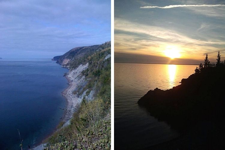 side by side L: sea cliffs R: sunset over water