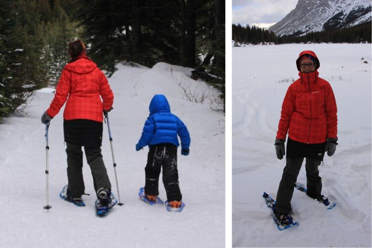Columbia Whirlibird Interchange Jacket side by side L: woman and child walking uphill in snowshoes, R: woman in jacket on snow