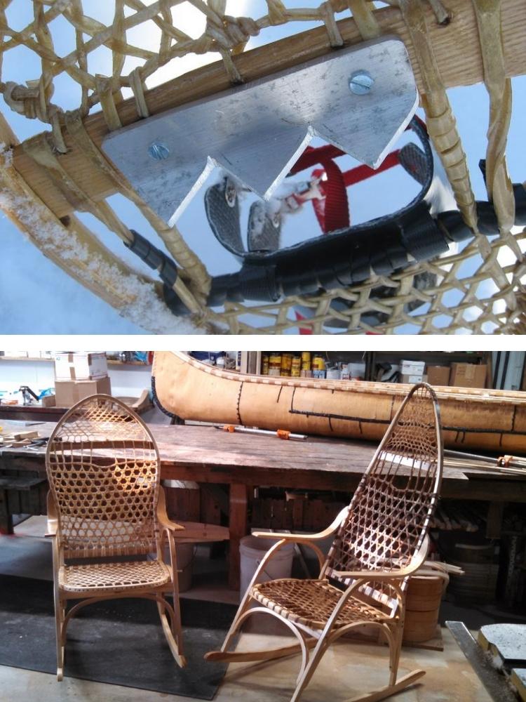 top and bottom: T close up of crampons on traditional snowshoe B: rocking chairs and canoe