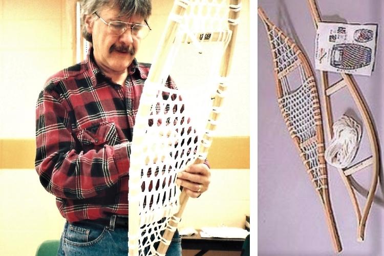 side by side L man weaving a traditional snowshoe R product photo of snowshoe kit