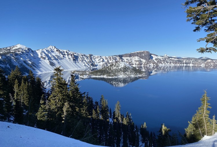 snowshoeing southern Oregon: view of Crater Lake with in winter
