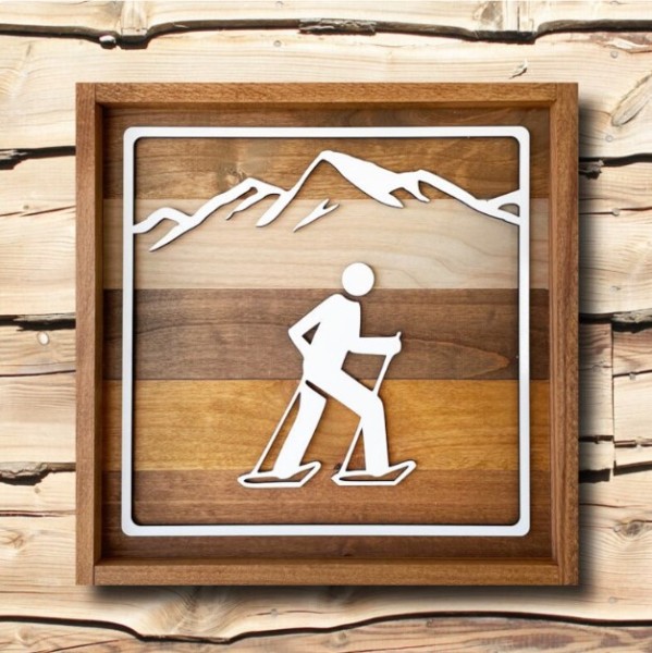 product photo: snowshoeing sign on wooden backdrop