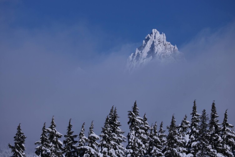 view of 3 Fingered Jack in clouds at Ray Benson Sno-Park