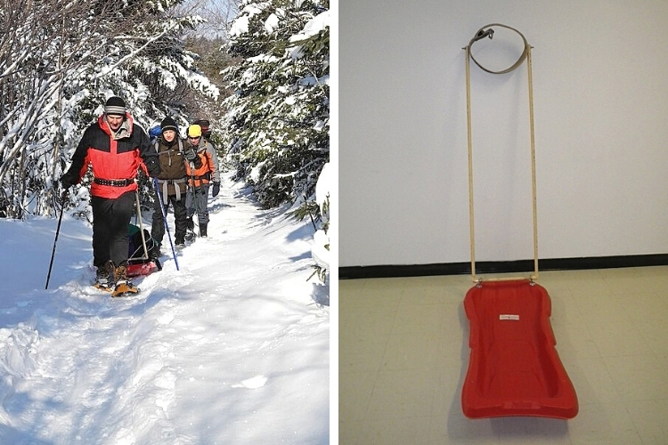 side by side left group using DIY pulk sled in snow, right completed DIY pulk