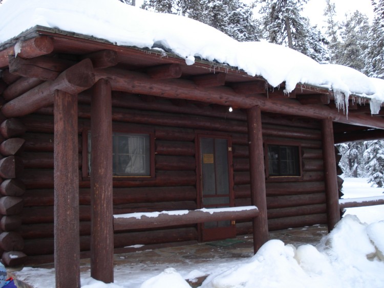 close up of the King's Hill Cabin in winter in Montana