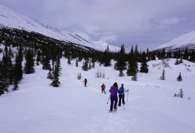 people snowshoeing down a snowy hill with mountains in background