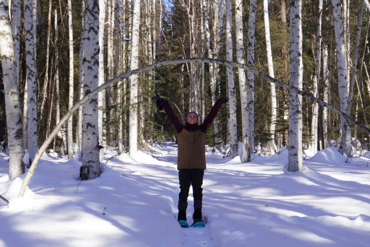 person standing under bent tree on snowshoe trail