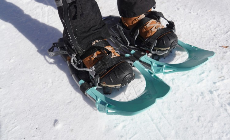 close up of snowshoes and bindings on snow