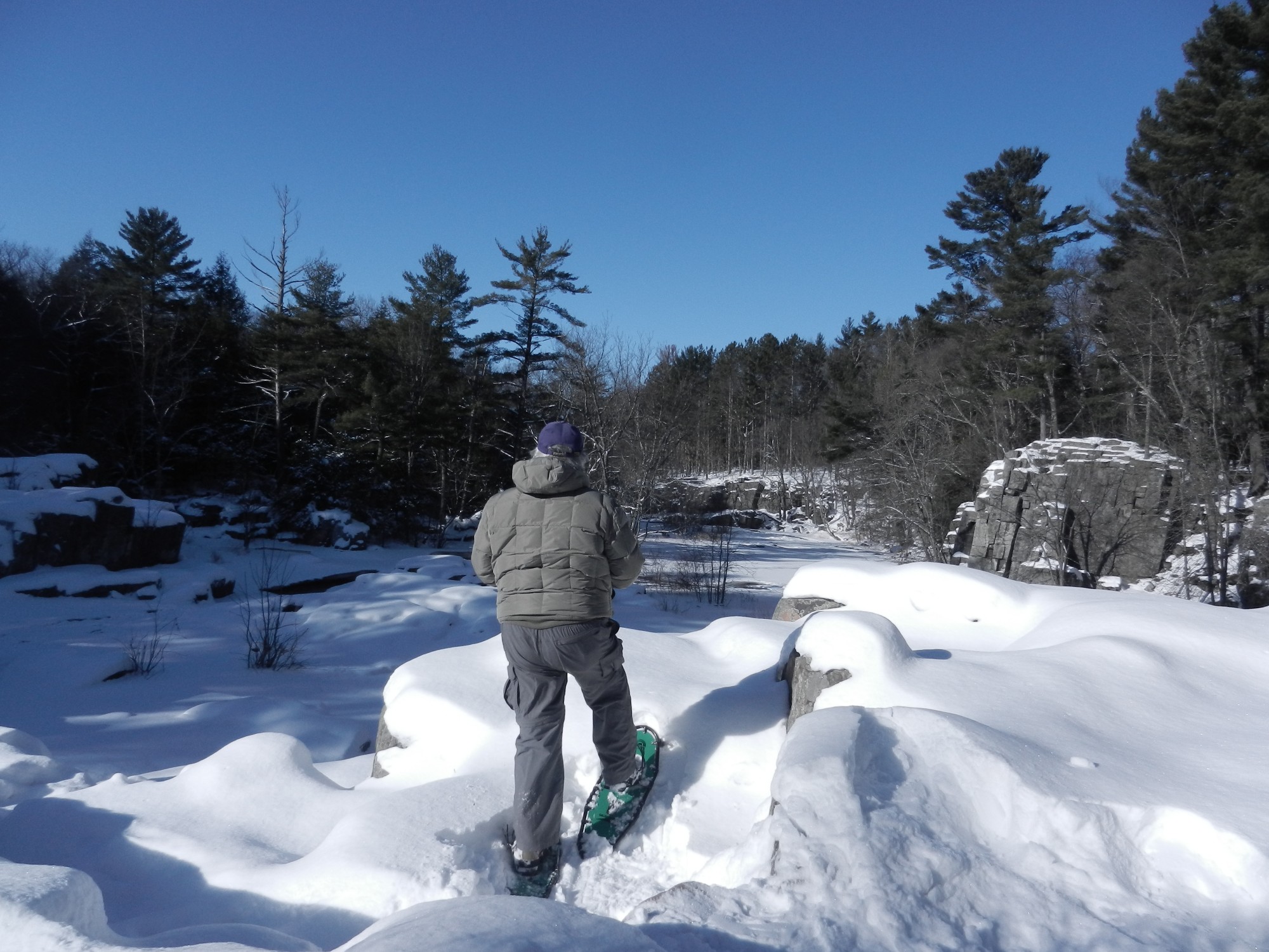 man stopped to admire the view of the Ice Age Trail on snowshoes