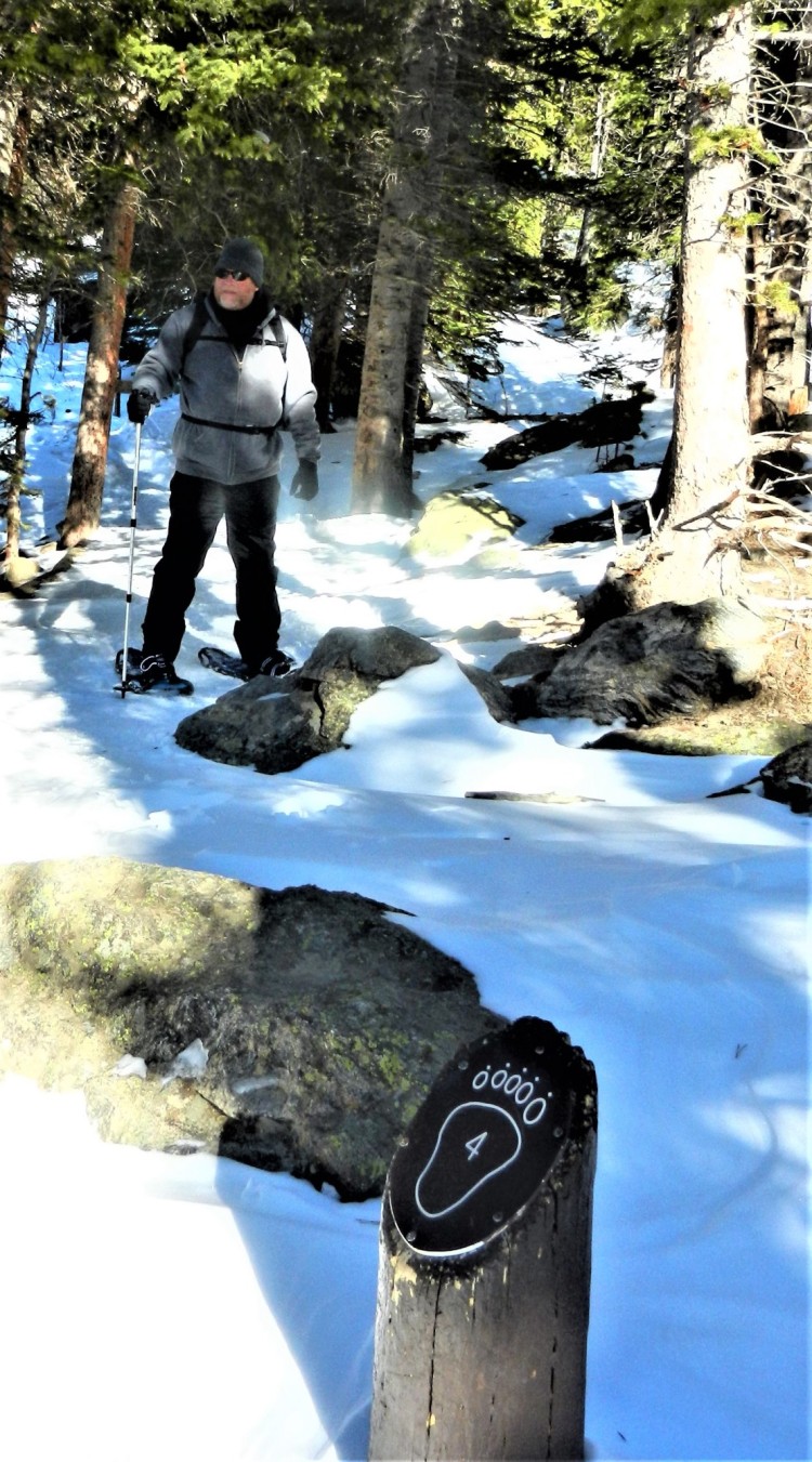 man standing on snowshoes amid trees and snow near trail marker
