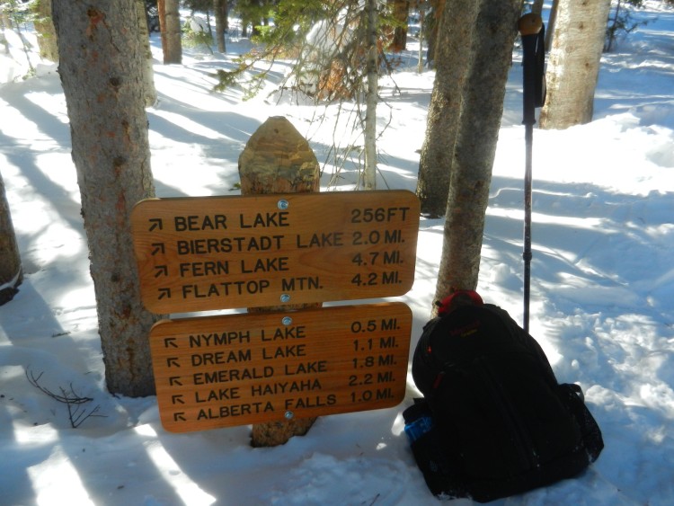 tips for rmnp winter: trail sign in RMNP with pole and backpack nearby