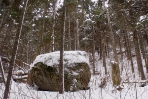 Boulders dropped by a retreating glacier are scattered around the mountain.