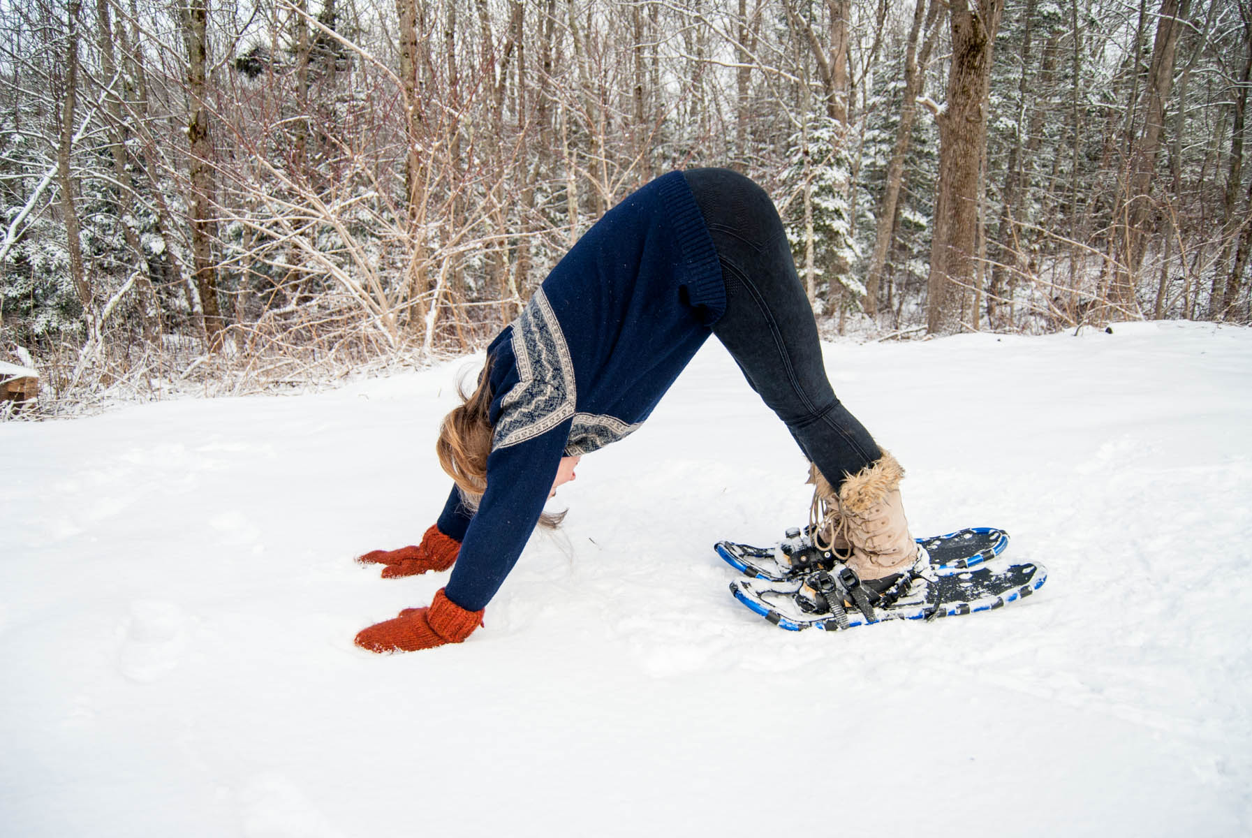 downward facing dog in the snow