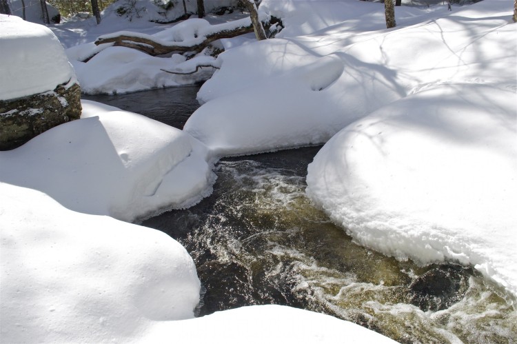 water in river rushing among deep snow landscape