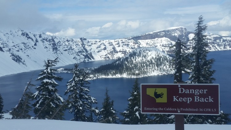 danger sign on West Rim Drive, southern OR