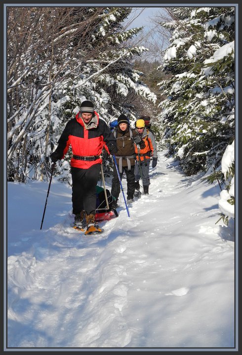 group of snowshoers pulling gear with DIY pulk sled